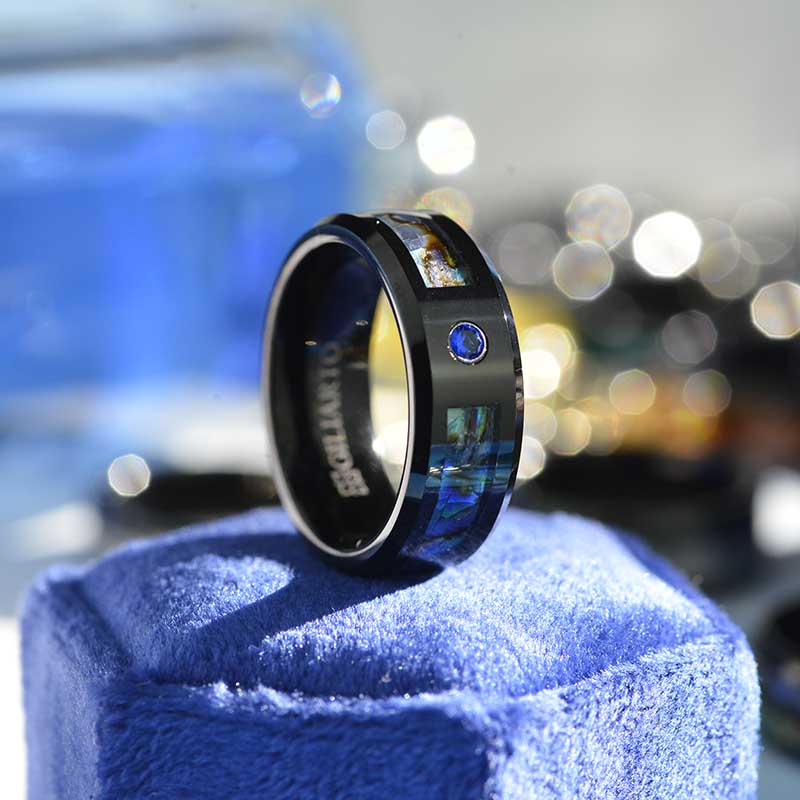 Genuine Abalone Shell with Sapphire Men's Tungsten Carbide Ring Genuine Abalone Shell with Sapphire Men's Tungsten Carbide Ring