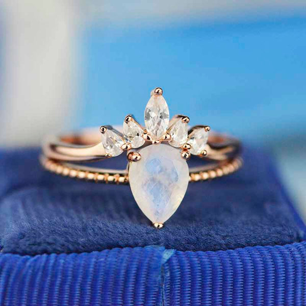 Pear Cut Genuine Moonstone Ring Set Giliarto
