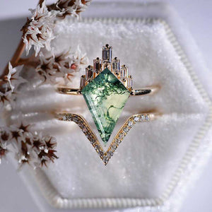 14K White Gold 2 Carat Kite Moss Agate Halo Engagement Ring, Eternity Ring Set 14K White Gold 2 Carat Kite Moss Agate Halo Engagement Ring, Eternity Ring Set