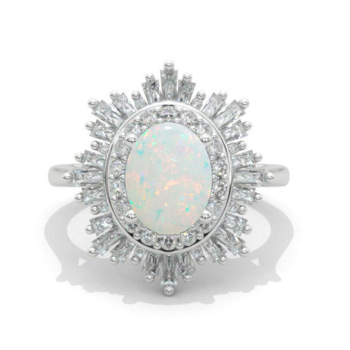 14K White Gold 2 Carat Genuine Natural White Opal Oval Halo Engagement Ring 14K White Gold 2 Carat Genuine Natural White Opal Oval Halo Engagement Ring