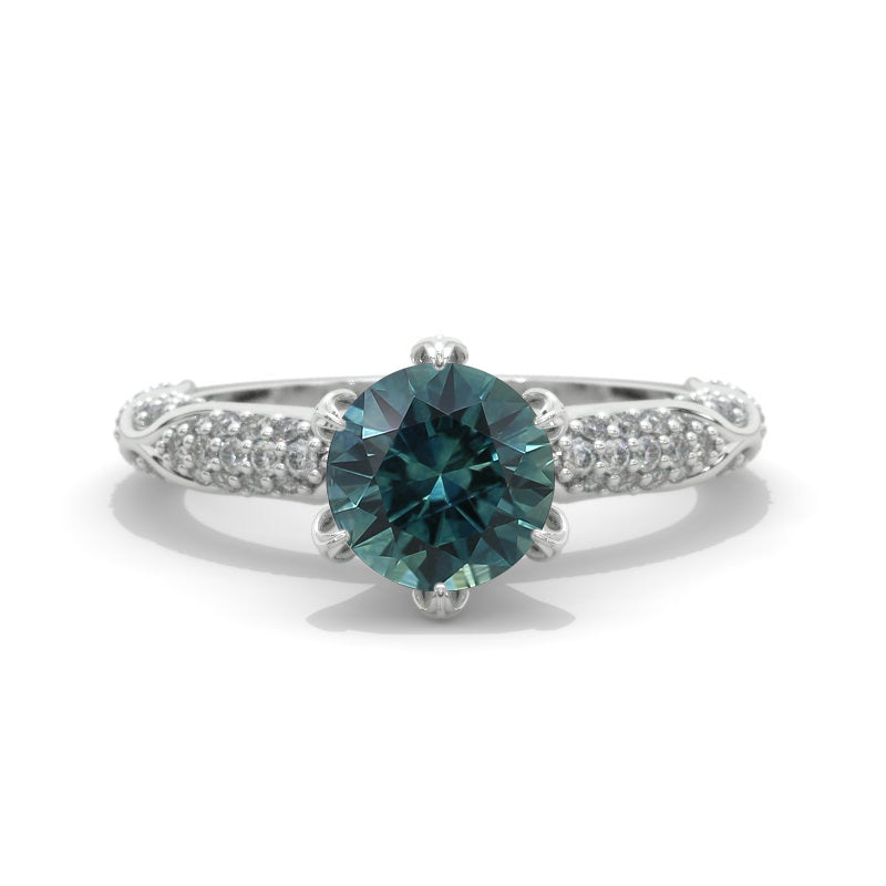 2 Carat Ethically LAB-Grown Teal Sapphire Floral White Gold Engagement Ring 2 Carat Ethically LAB-Grown Teal Sapphire Floral White Gold Engagement Ring