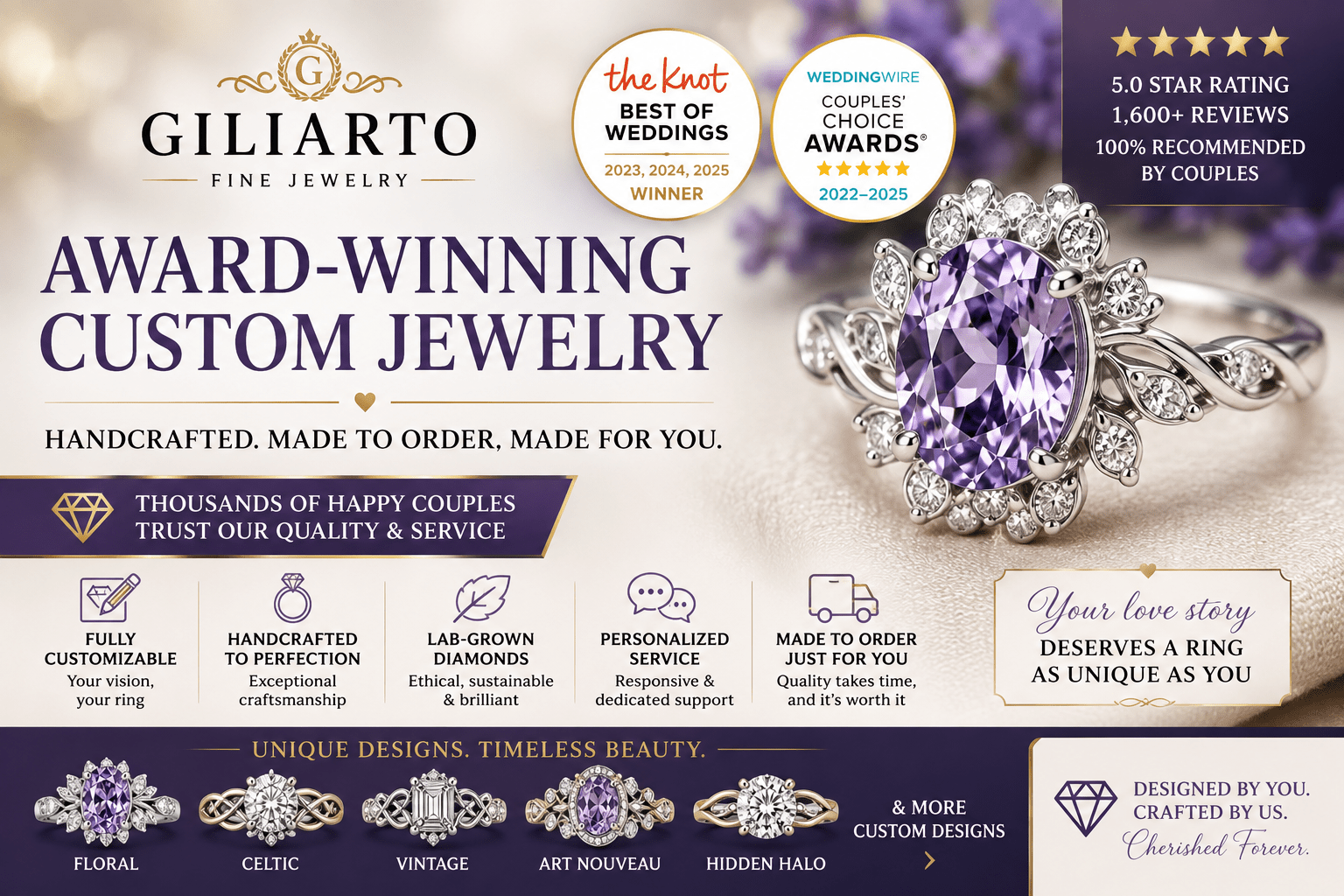 Discover why Giliarto Jewelry is recognized for award-winning custom engagement rings, handcrafted lab-grown diamond jewelry, unique designs, and exceptional customer service.