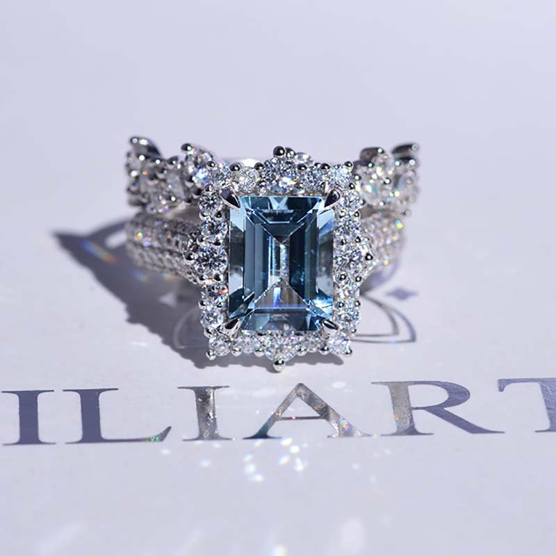 Emerald cut natural aquamarine halo engagement ring, March birthstone