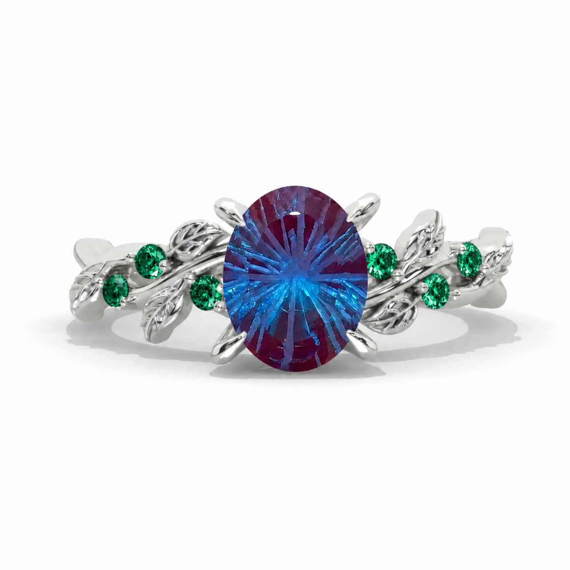 2 Carat Oval Fireworks Cut Lab Alexandrite and Emerald Accents Floral 14K Gold Engagement Ring Model 446-9x7