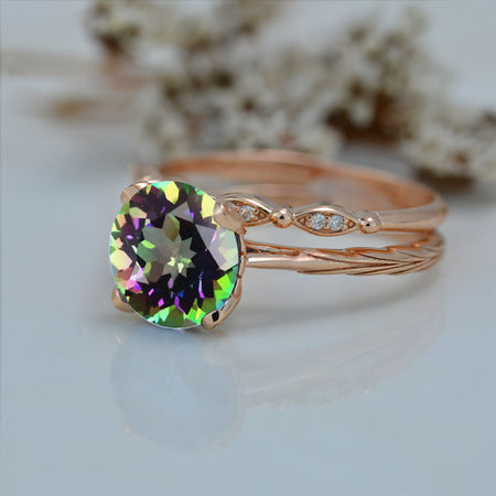 2 Carat Mystic Topaz Engagement Eternity Gold Rings Set