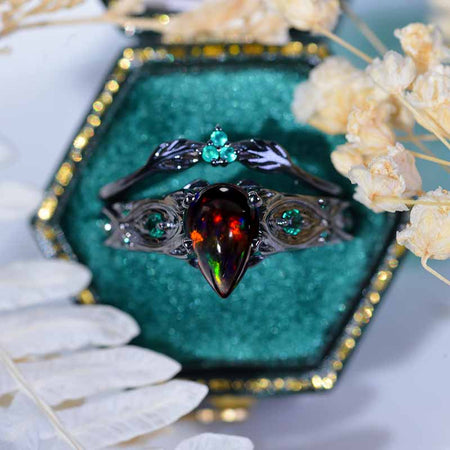 14K Black Rhodium Gold Pear Black Fire Opal  Emerald Celtic Engagement Ring Model 33 (Copy)