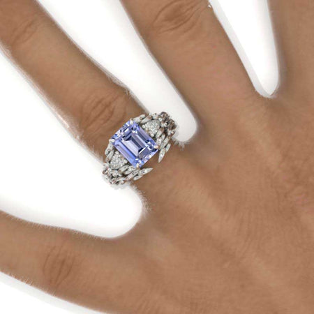 3 Carat Emerald Halo Purple Sapphire Floral Shank  White Gold Engagement Ring Set
