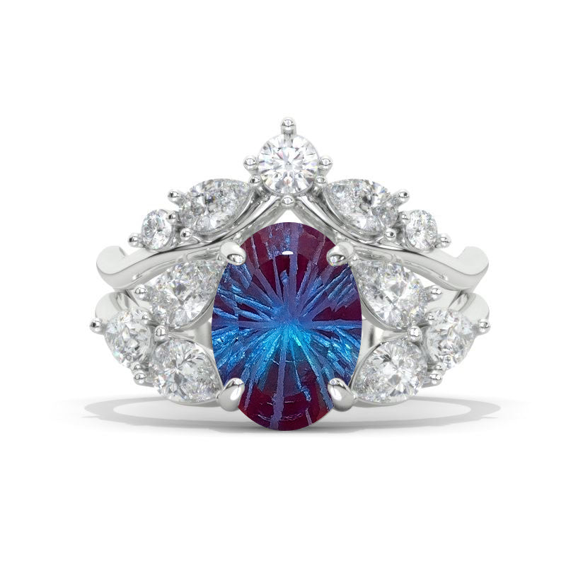 3 Carat Oval Fireworks Cut Alexandrite Floral Shank White Gold Engagement Ring Set