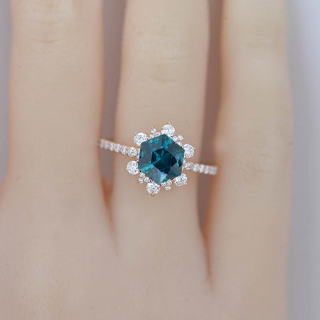3 Carat Hexagonal Teal Sapphire Snowflake Diamond Halo Engagement Ring. Victorian Teal Sapphire 14K Rose Gold Ring