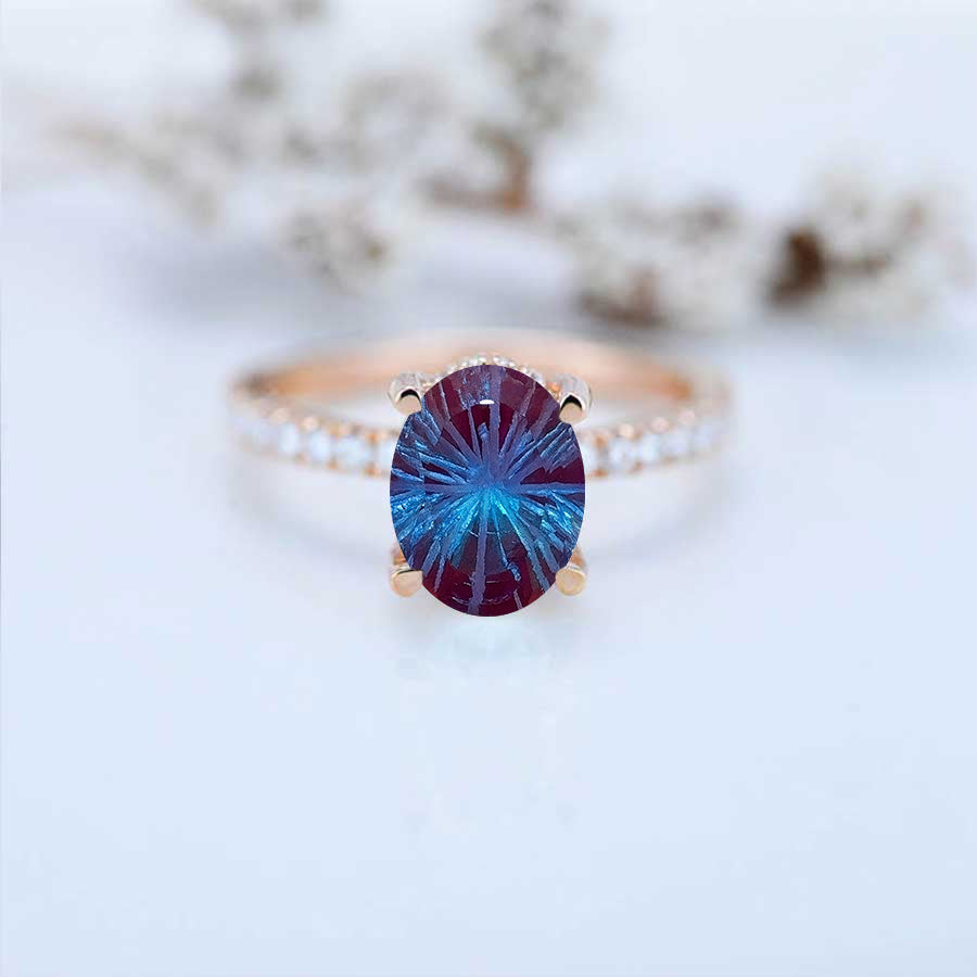 14K White Gold 3 Carat Oval Fireworks Cut Alexandrite Halo Engagement Ring Eternity Ring Set