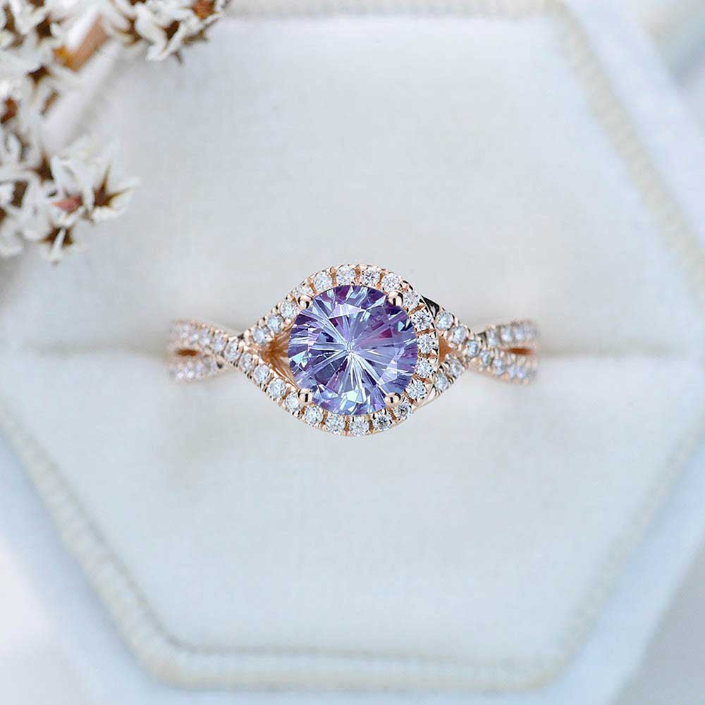 Knot Halo Fireworks Cut Alexandrite Engagement Ring. Classic lace Victorian 14K White Gold Ring