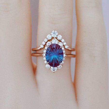 3 Carat Oval Fireworks Cut Alexandrite Halo Engagement Ring, Promise Ring For Her,  Fireworks Cut Alexandrite Wedding Ring, 14K Gold Fireworks Cut Oval Alexandrite Engagement Ring Set