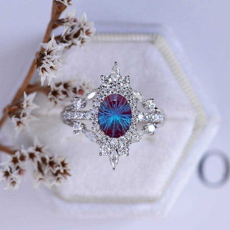 Giliarto 14K White Gold 2 Carat Oval Fireworks Cut Alexandrite Halo Engagement Ring