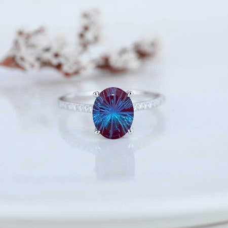 3 Carat Carat Oval Fireworks Cut Alexandrite Ring, Hidden Halo Gold Engagement Ring