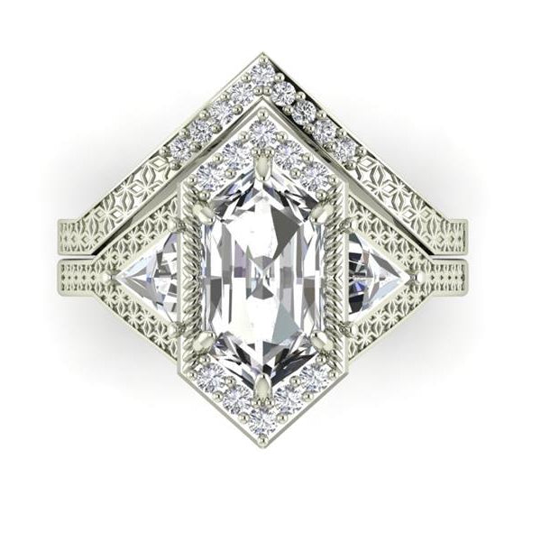 3 Carat Elongated Hexagon Celtic  Moissanite 14K White Gold Engagement Ring Set Model 1345