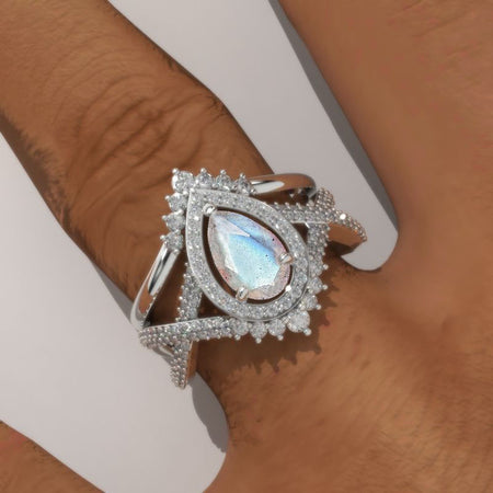 14K White Gold 1 Carat Pear Labradorite Halo Twisted Engagement Ring Eternity Ring Set