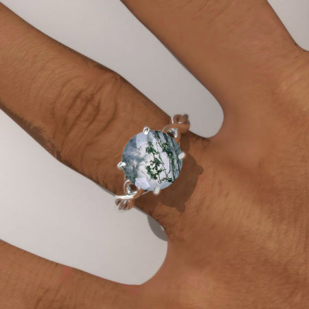 1.0 Carat Genuine Moss Agate Lattice White Gold Engagement Ring