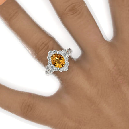 2 Carat Oval Vintage Genuine Yellow Citrine Ring, Luxury Prong Setting Oval Cut Halo Engagement Ring 2ct Carat Oval Genuine Yellow Citrine Victorian Ring Model 831-9x7