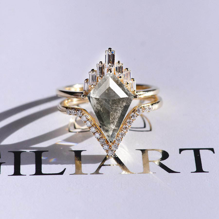 0.89 CT, 0.89 CT, 11.0 X 6.8 MM | Natural Loose Diamond | Salt And Pepper Diamond | Kite Cut Diamond Cut Halo 14K White Gold Engagement Ring Set