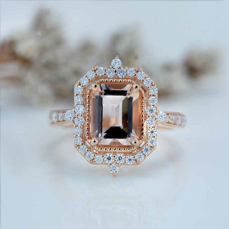 3Ct Emerald Cut Halo Morganite Ring, Morganite ring, Vintage Natural Morganite Ring, Genuine Morganite Emerald Cut Ring