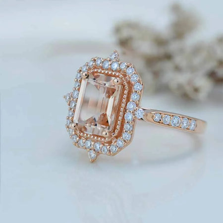 3Ct Emerald Cut Halo Morganite Ring, Morganite ring, Vintage Natural Morganite Ring, Genuine Morganite Emerald Cut Ring