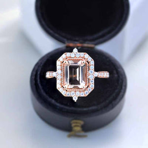 3Ct Emerald Cut Halo Morganite Ring, Morganite ring, Vintage Natural Morganite Ring, Genuine Morganite Emerald Cut Ring