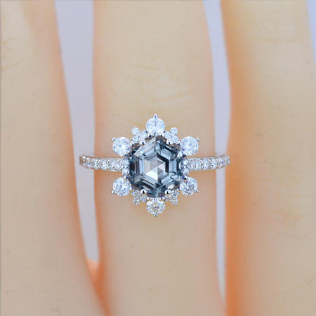 3 Carat Hexagonal Aquamarine Snowflake Diamond Halo Engagement Ring. Victorian 14K Rose Gold Ring