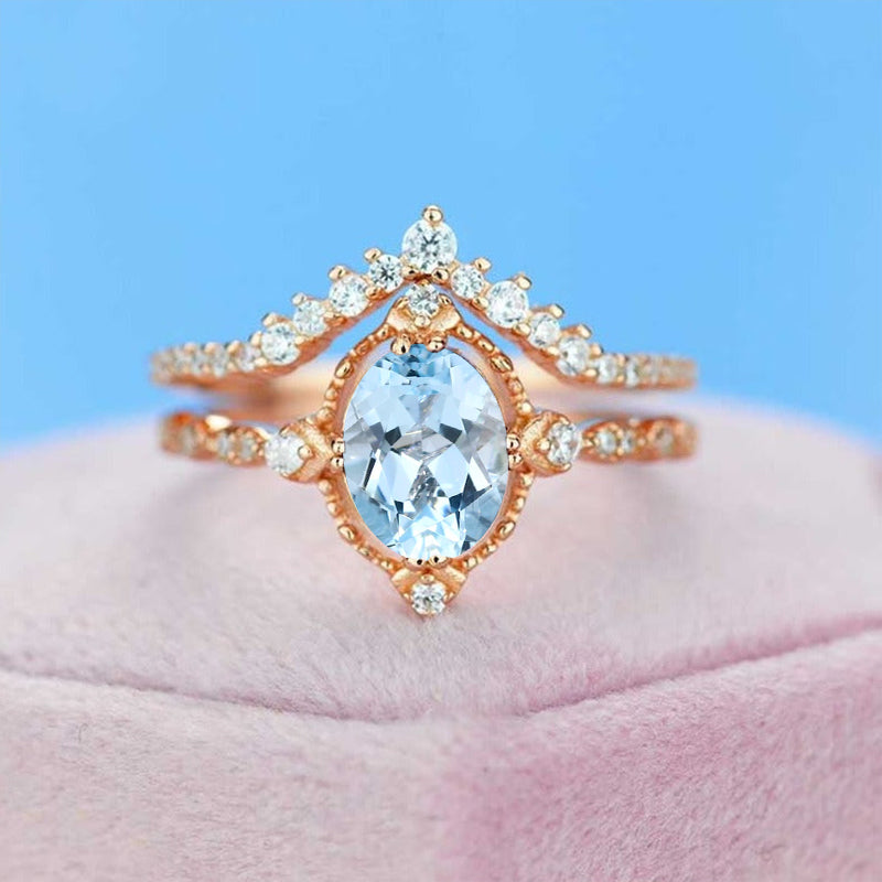 Genuine Natural Aquamarine Ring Set, 2ct Oval Cut Genuine Natural Aquamarine Vintage Ring Set, Rose Gold Ring Unique Curved Ring