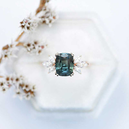 2Ct Cushion Cut Teal Sapphire Vintage Engagement Ring, Cushion Teal Sapphire Engagement Ring, Marquise Side Accents Stones 14K Rose Gold Ring