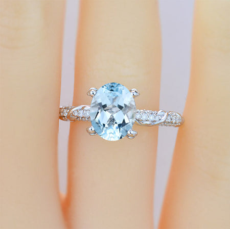 3CT Oval Genuine Natural Aquamarine Wedding Ring 14K White Gold Floral Engagement Ring. Anniversary Ring. Promise Ring