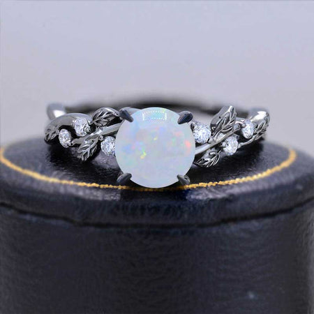 Round Brilliant Cut Genuine White Opal Floral Black Gold Engagement Ring