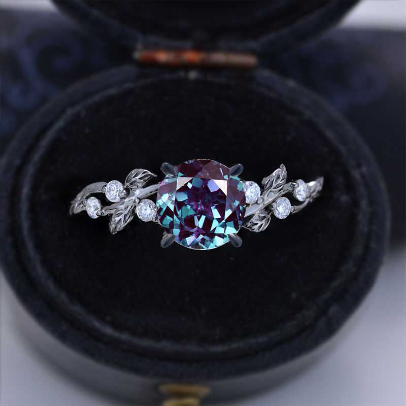 Round Brilliant Cut Alexandrite Floral Black Gold Engagement Ring 11.75