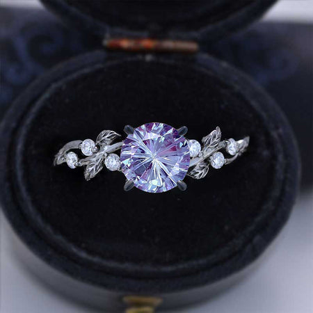 Round Brilliant Cut Fireworks Cut Alexandrite Floral Black Gold Engagement Ring
