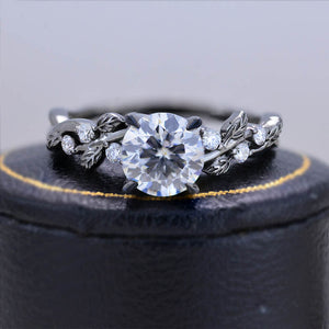 Round Brilliant Cut Moissanite Floral Black Gold Engagement Ring