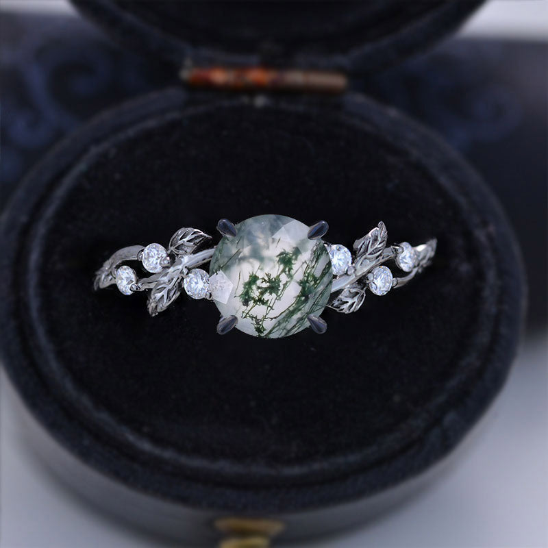 3 Carat Round Brilliant Cut Genuine Moss Agate Floral Black Gold Engagement Ring