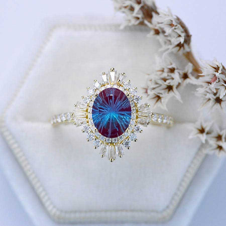 2 Carat Fireworks Cut Alexandrite Oval Cut Halo Gold Engagement Ring
