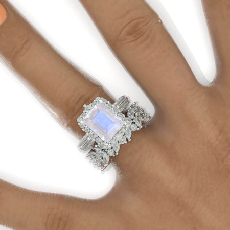 4Ct Genuine Peach Genuine Moonstone Engagement Ring Halo Emerald Cut Genuine Moonstone Engagement Ring, 10x8mm Radiant Cut Genuine Moonstone Engagement Ring with Eternity Band