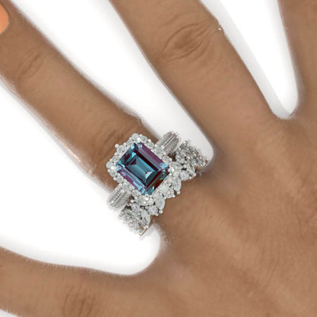 4Ct Genuine Peach Alexandrite Engagement Ring Halo Emerald Cut Alexandrite Engagement Ring, 10x8mm Radiant Cut Alexandrite Engagement Ring with Eternity Band