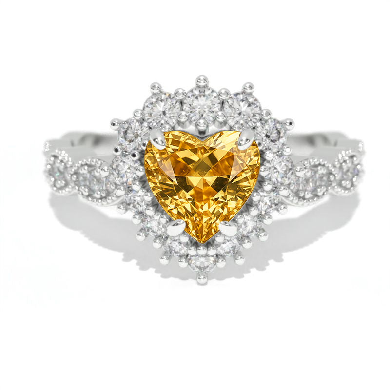 14K White Gold 1.5 Carat Heart Genuine Yellow Citrine Halo Engagement Ring
