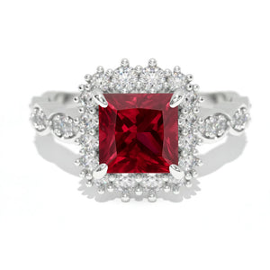 14K White Gold 1.5 Carat Princess Ruby Halo Engagement Ring