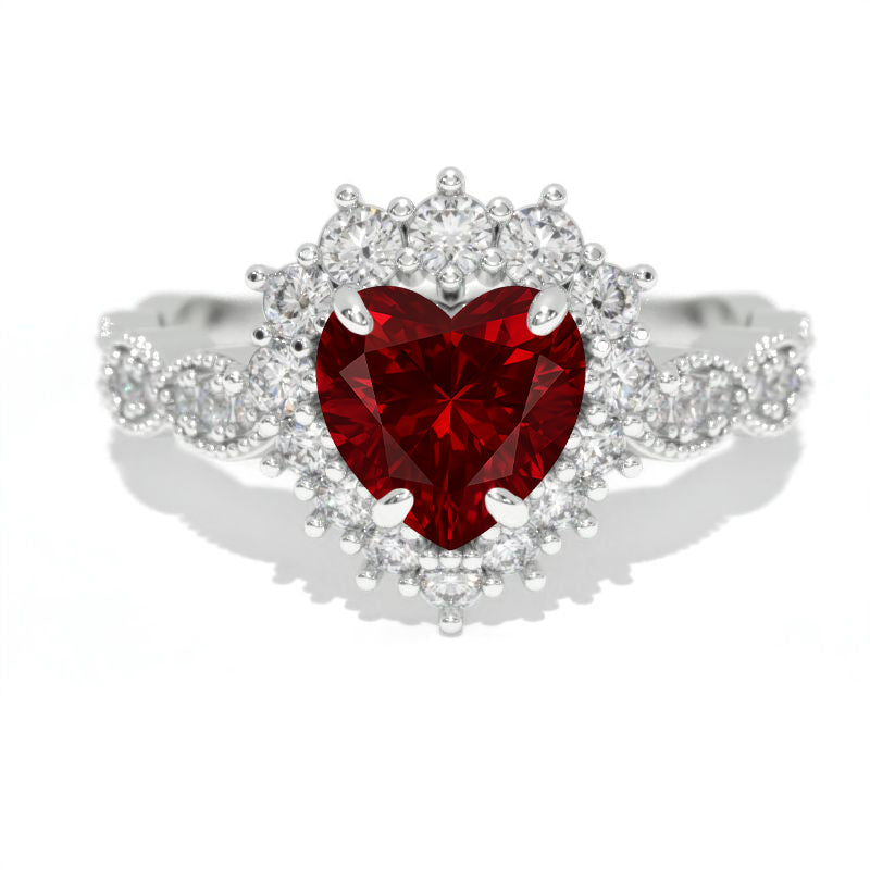 14K White Gold 1.5 Carat Heart Ruby Halo Engagement Ring