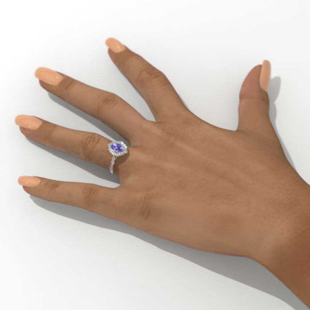 1.5 Carat Oval Purple Sapphire Halo Engagement Ring Eternity Ring Set