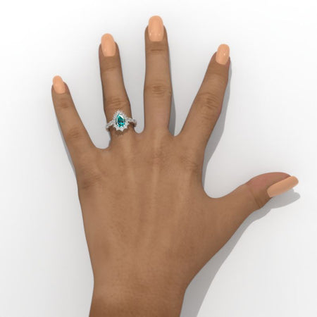 14K White Gold 3 Carat Pear Green Moissanite Halo Engagement Ring