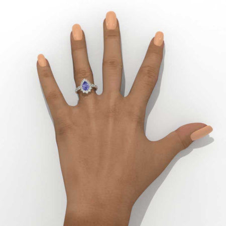 14K White Gold 2 Carat Pear Purple Sapphire Halo Engagement Ring