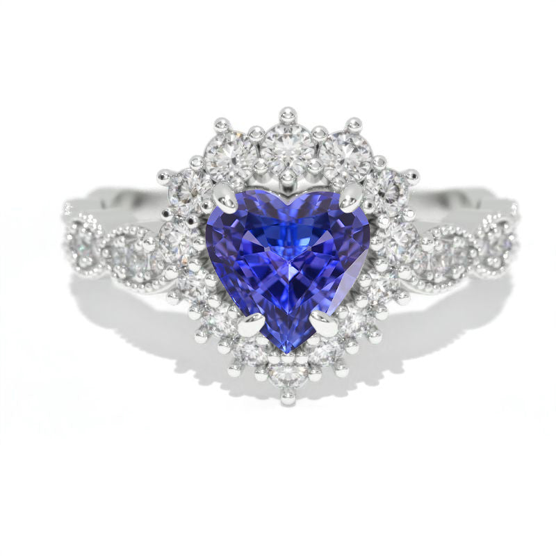 14K White Gold 1.5 Carat Heart Natural Genuine Tanzanite Halo Engagement Ring