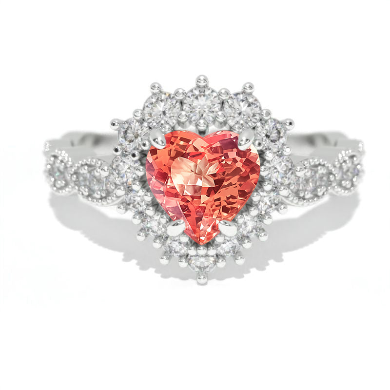 14K White Gold 1.5 Carat Heart Peach Sapphire Halo Engagement Ring