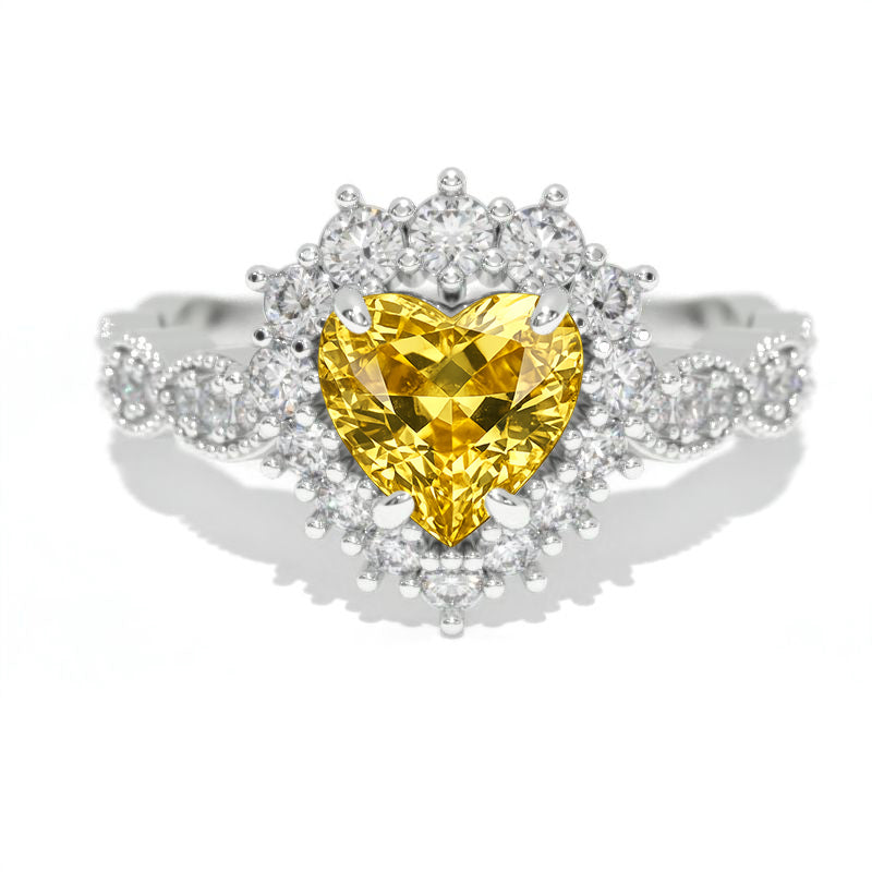 14K White Gold 1.5 Carat Heart Yellow Sapphire Halo Engagement Ring