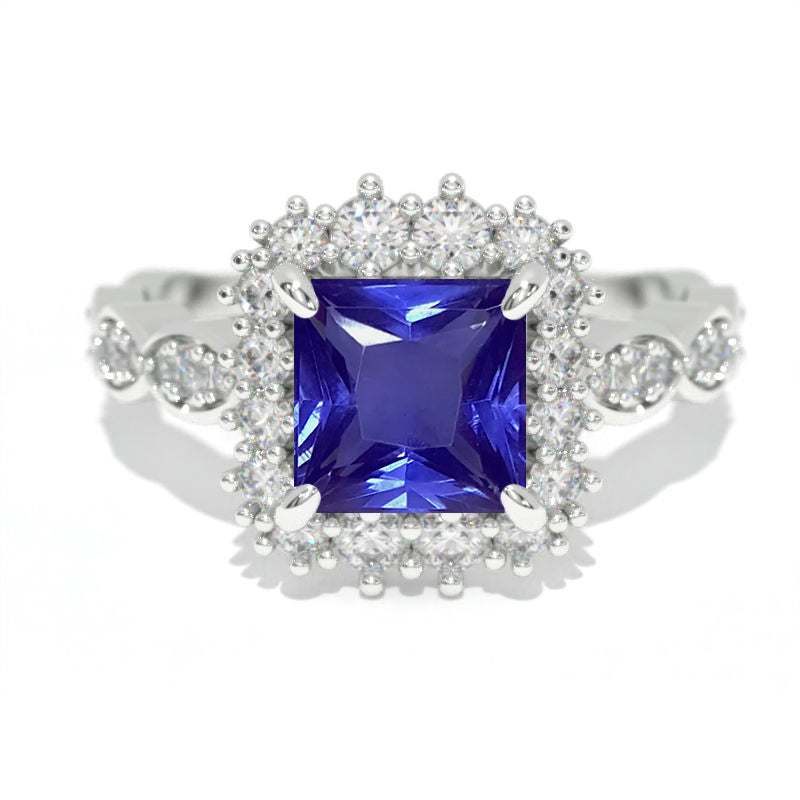 14K White Gold 1.5 Carat Princess Natural Genuine Tanzanite Halo Engagement Ring