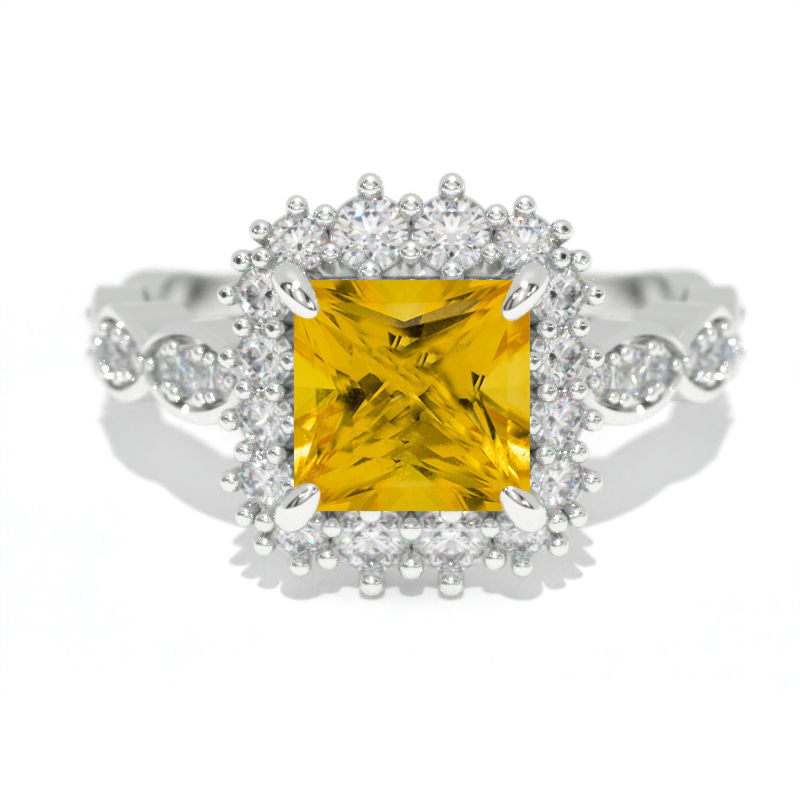 14K White Gold 1.5 Carat Princess Genuine Yellow Citrine Halo Engagement Ring