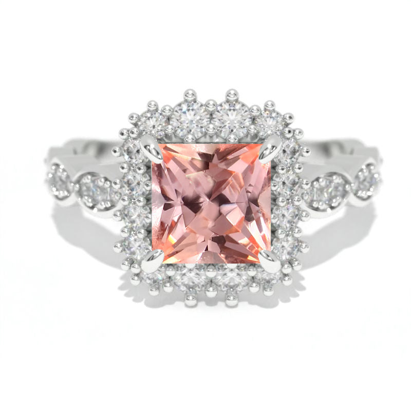 14K White Gold 1.5 Carat Princess Peach Sapphire Halo Engagement Ring